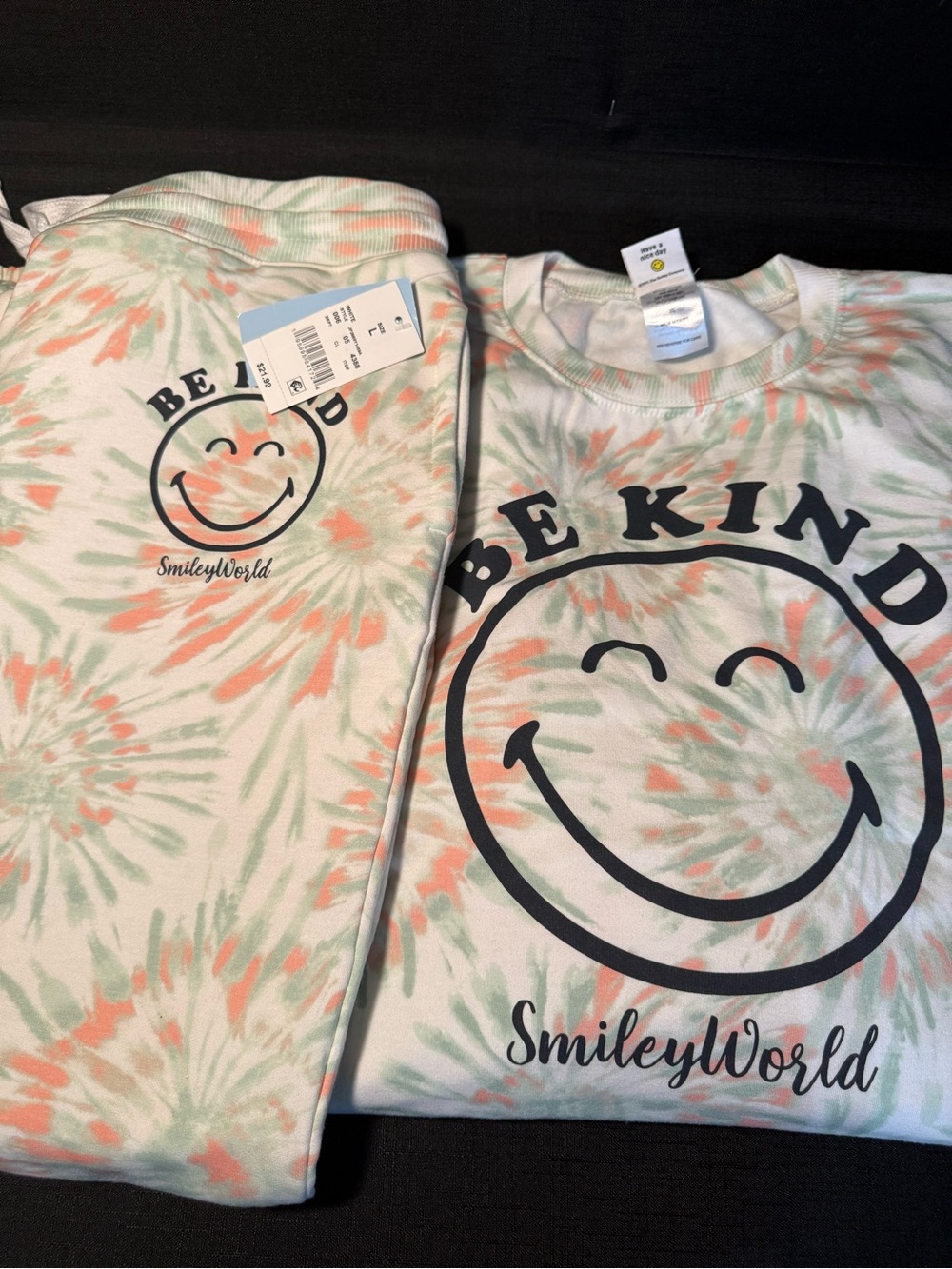 Be Kind SmileyWorld Tie-Dye XL sweatshirt and L pants - White with Coral & Mint